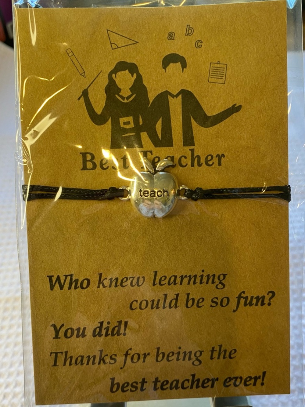 24 Best Teacher Apple Charm Bracelet - Adjustable Black Cord Unisex